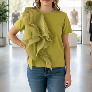 A357  Nancy Modern Chic Contemporary Style Green Ruffle Accent T-Shirt NWT L